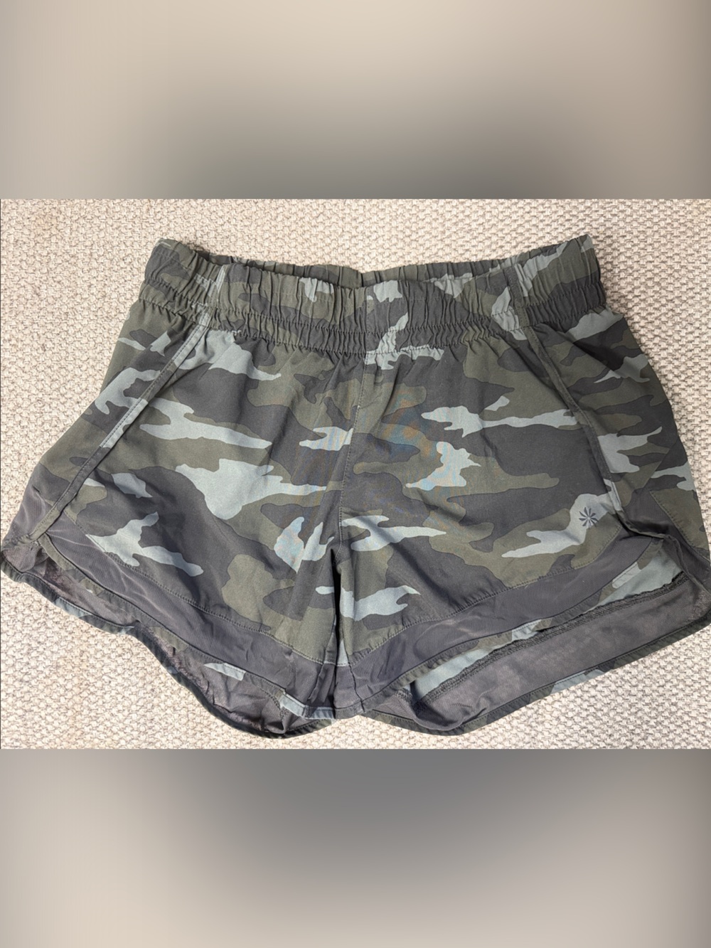 Athleta Camouflage Green Athletic Shorts with Mesh Detail